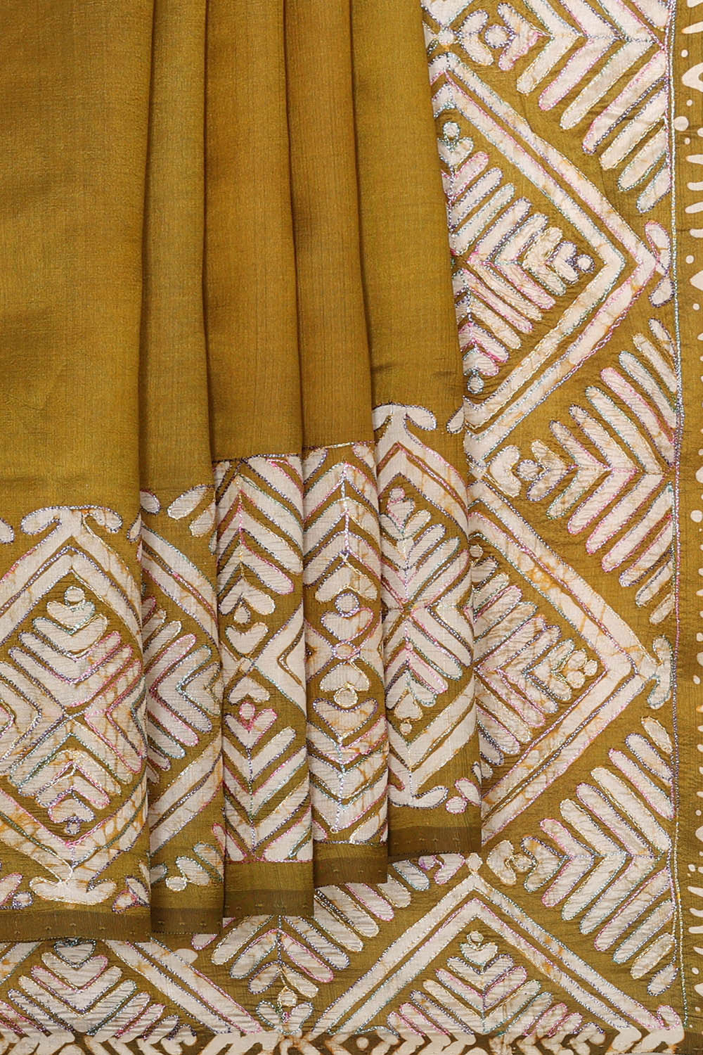 Image of Printed Tussar Mehndi Green Saree